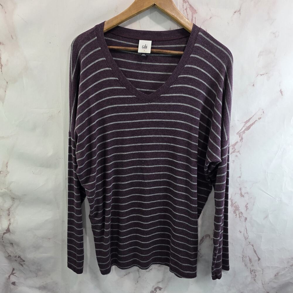 Cabi T Shirt Women Small Gray Purple Striped Top V Long Sleeve Serenity 3998